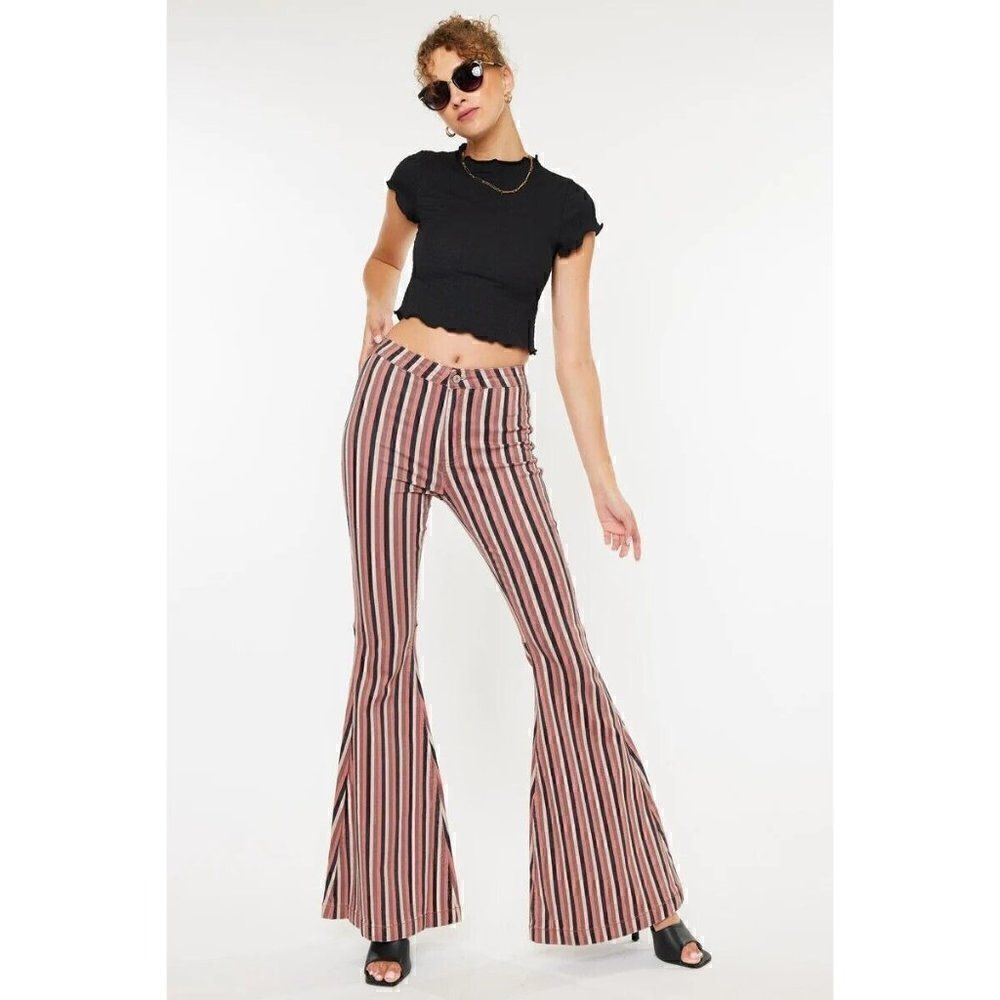Kancan Jeans Women Size 3/25 Jaqueline High Rise Super Flare Pants Striped Multi